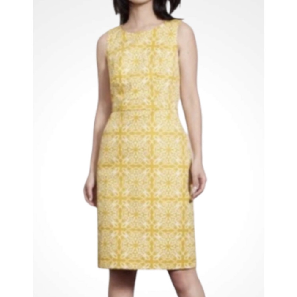 Boden Mustard Yellow Patterned Sleeveless Midi Sheath Classic Dress Size 6